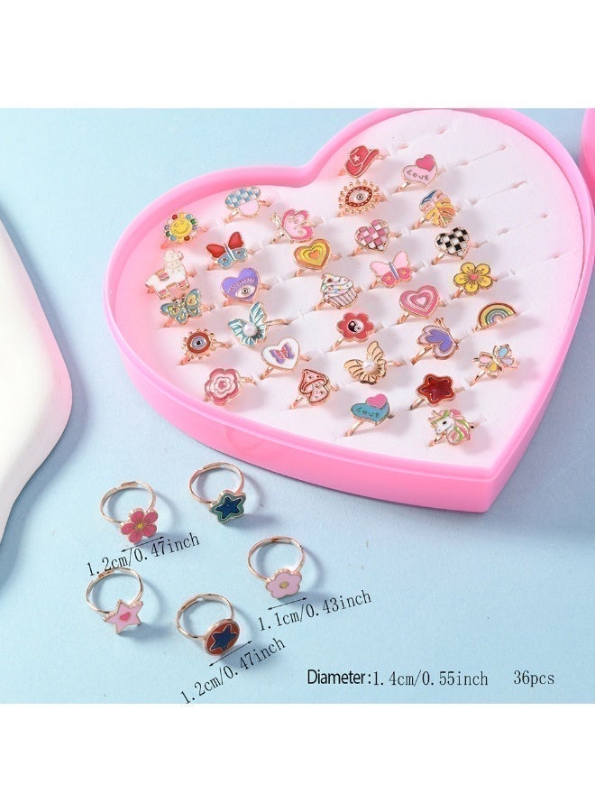 AuliceVerse 36 piece set of little girl rings, suitable for dress up games and Ramadan and birthday gifts for girls aged 3 to 12. The size of the ring mouth can be adjusted and is made of safe and environmentally friendly alloy materials - Image 5